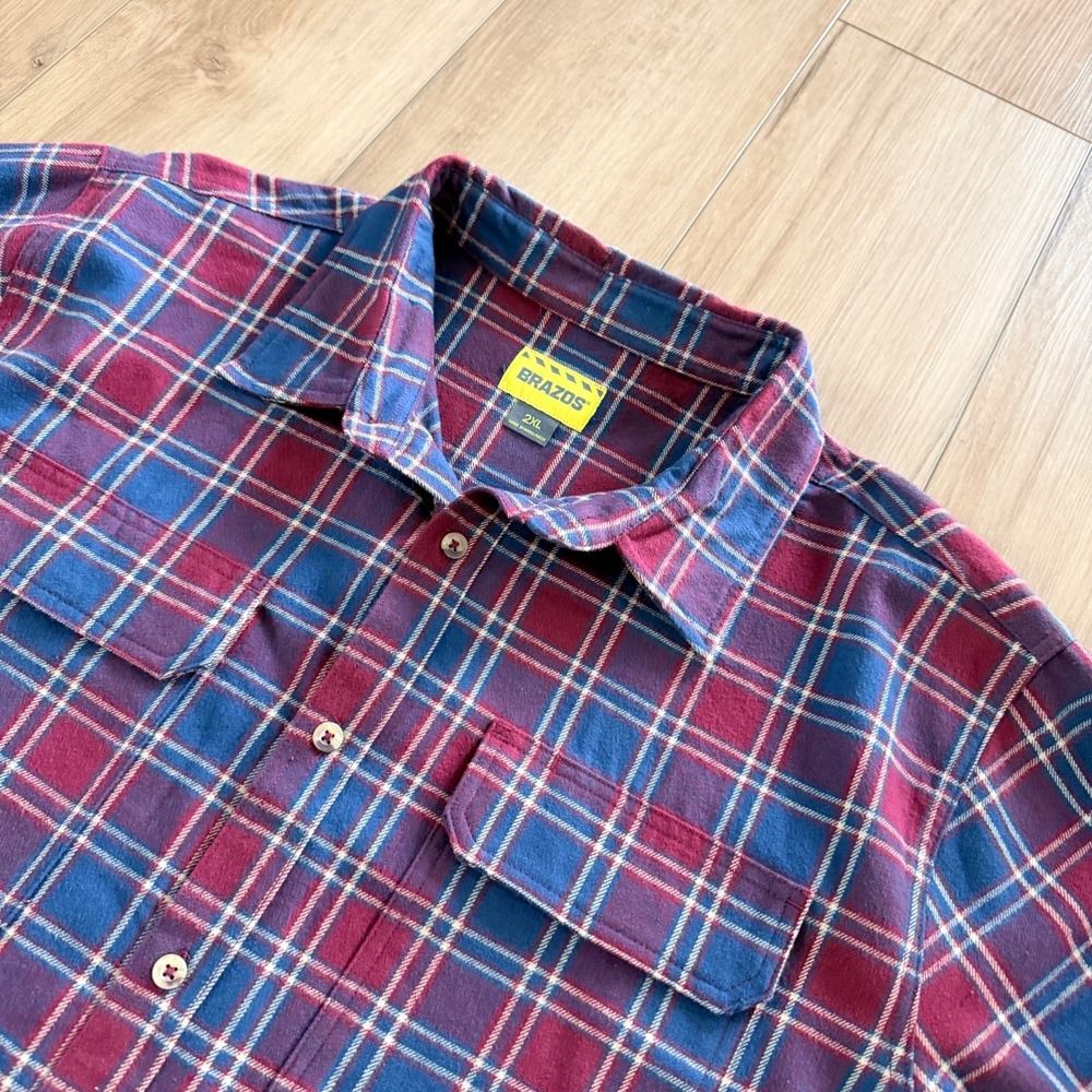 Men's Work Shirt 2XL Flannel Plaid Red Heavyweight Pockets Brazos Blacksmith